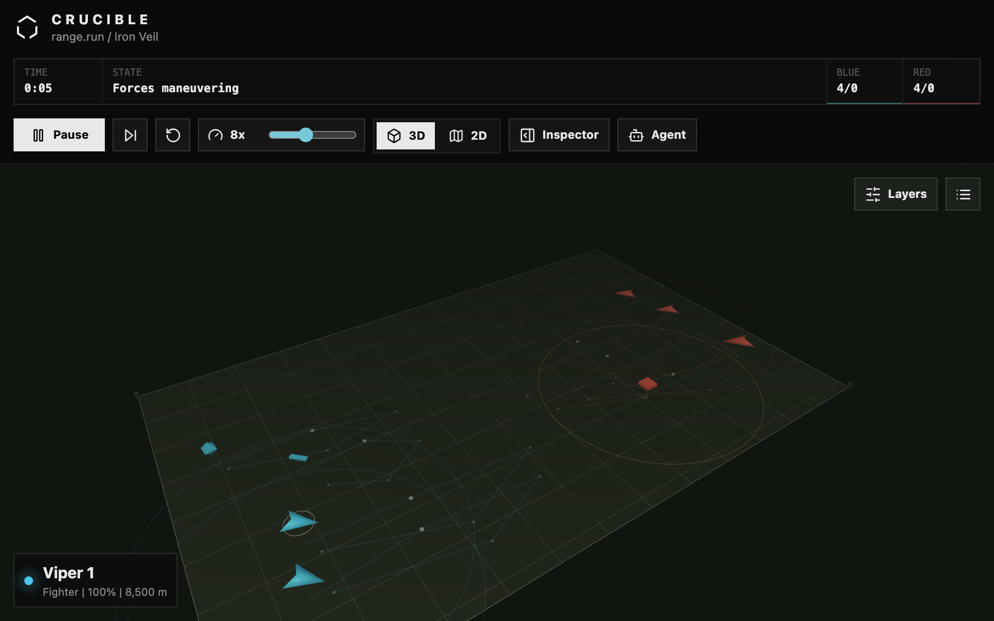 Crucible simulation environment — 3D tactical view with autonomous agents